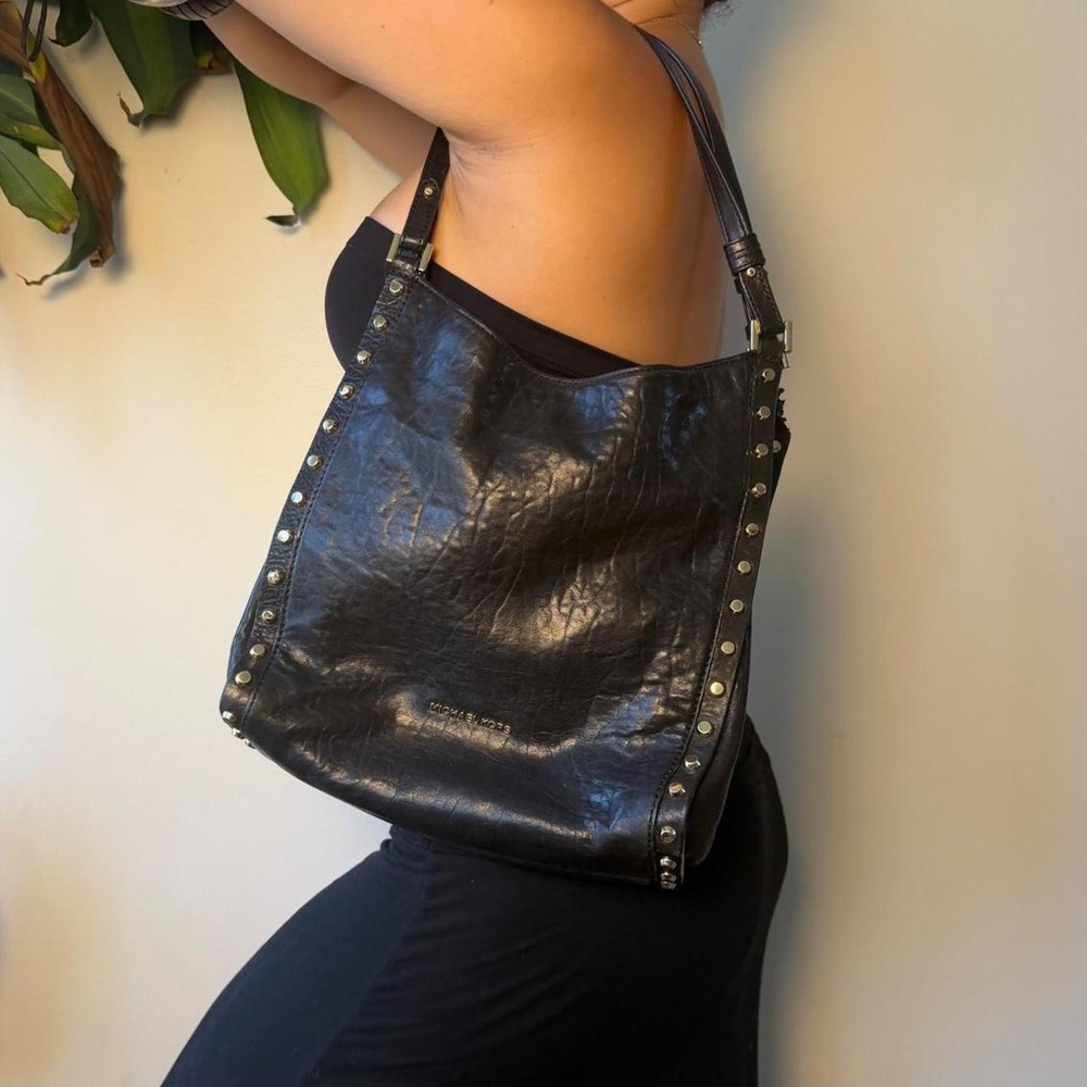 Michael Kors Black Leather Gold Studded Large Newbury Tote Bag Purse $368